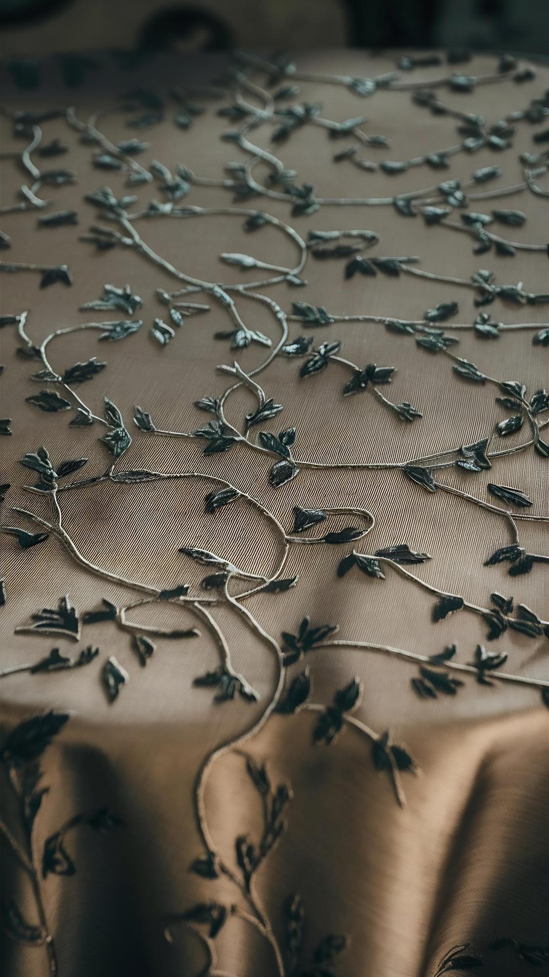 large editorial shot of embroidered textile on wooden table